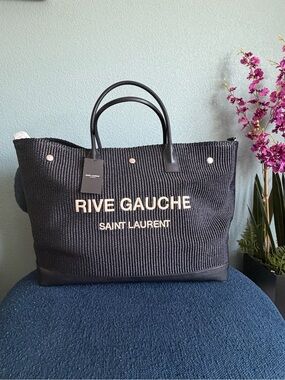 Saint Laurent Rive Gauche Black Raffia Large Tote
